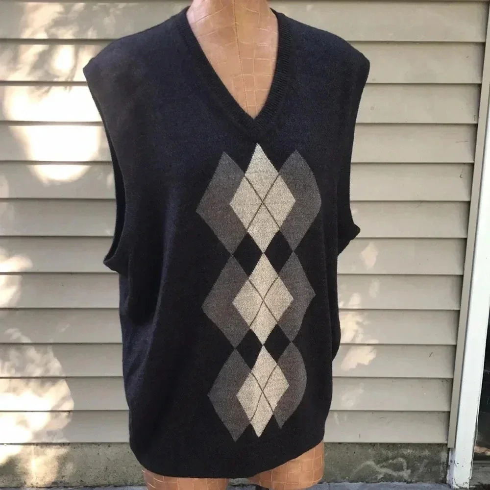 Dockers Mens Argyle V Neck Sweater Vest Dark Gray XL Acrylic